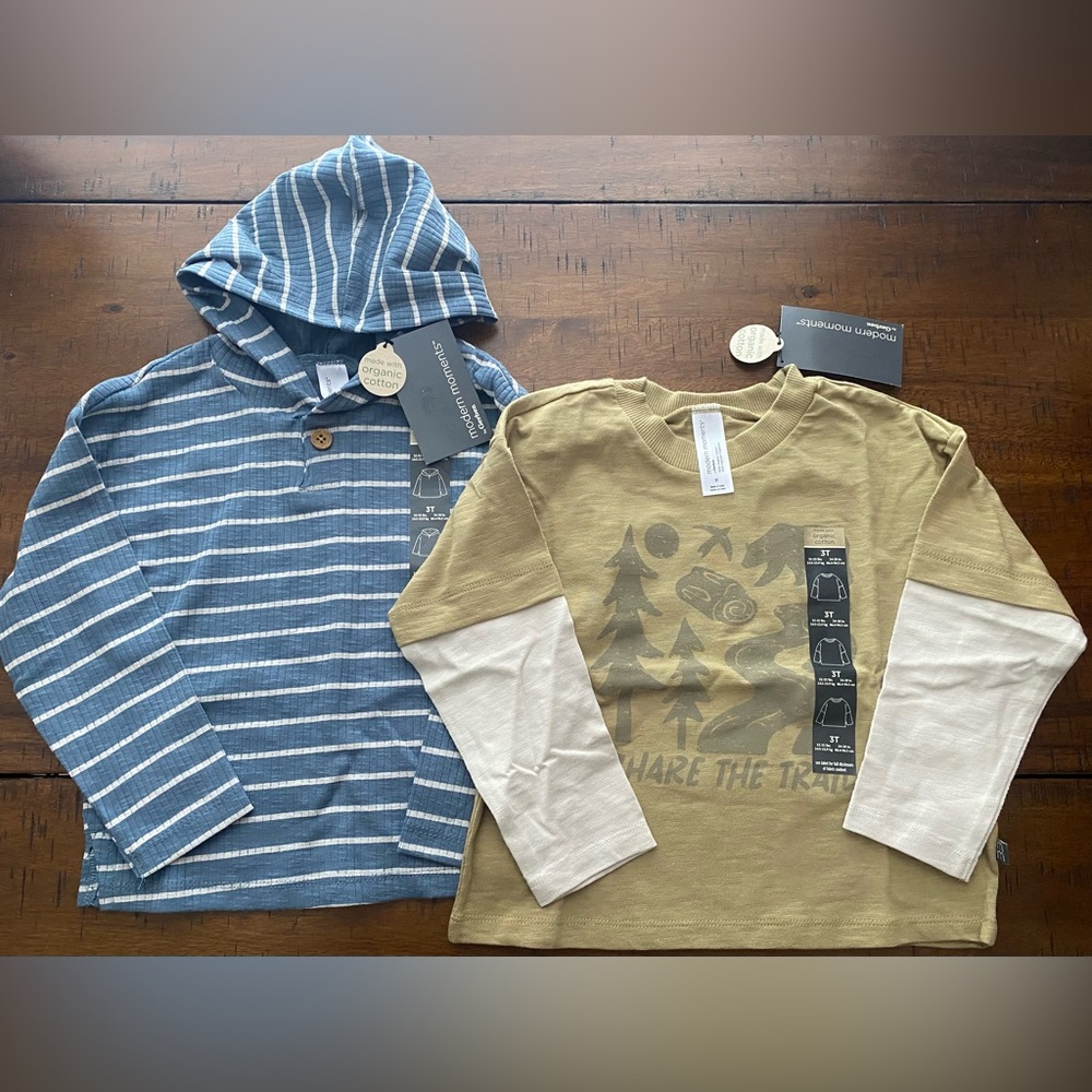 •NWT•Modern Moments Toddler Boy Organic Long Sleeve Hooded Henley + Graphic Tee